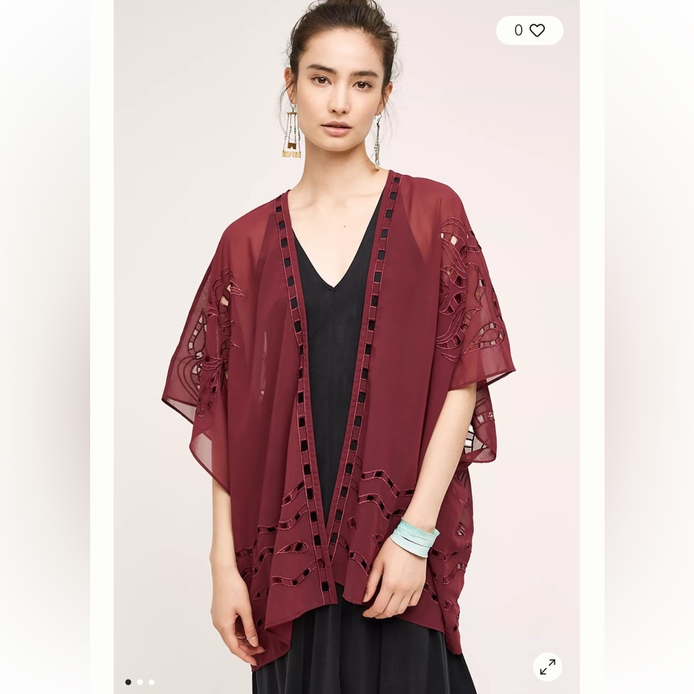 Beautiful Stories Dalia Maroon Sheer Kimono | Open Front Embroidered Cardigan